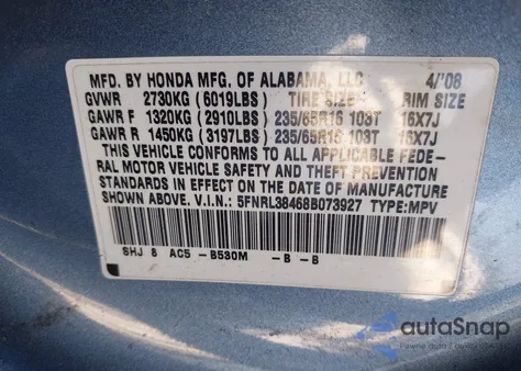 2008 Honda Odyssey Ex из США, поврежденный, VIN 5FNRL38468B073927